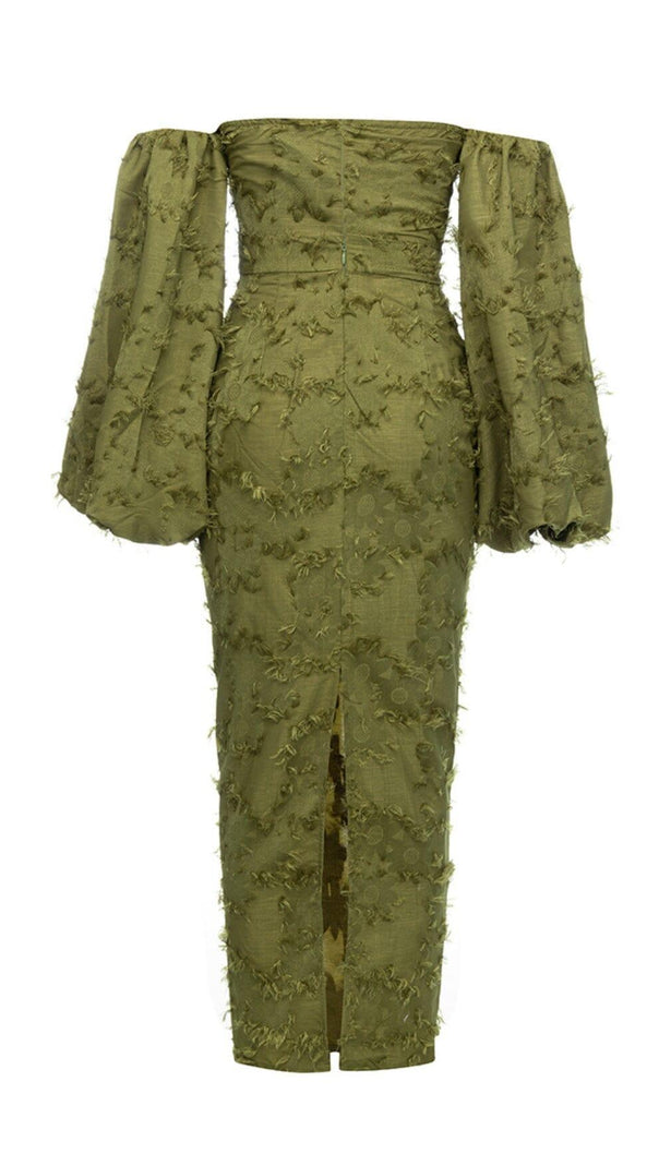 AIIZIE GREEN PUFF SLEEVE TIGHT SPLIT DRESS - product image