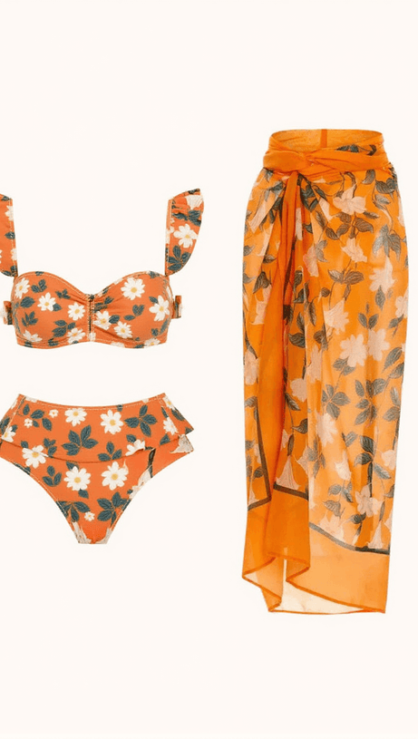 KESIA RUFFLE PRINTED BIKINI THREE PIECE SET