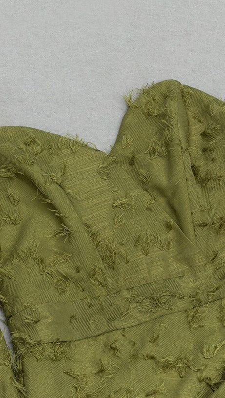 GREEN PUFF SLEEVE TIGHT SPLIT DRESS