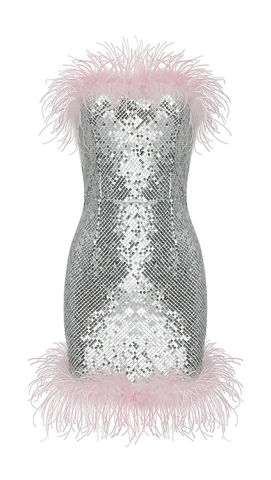 STRAP SILVER SEQUIN FEATHER MINI DRESS