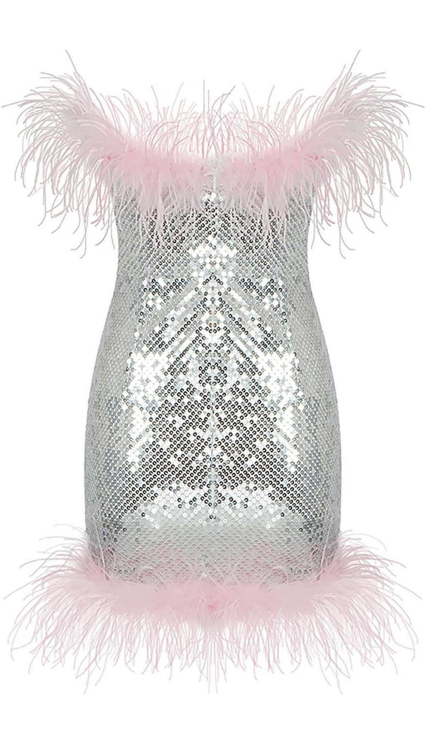 AIIZIE STRAP SILVER SEQUIN FEATHER MINI DRESS - product image