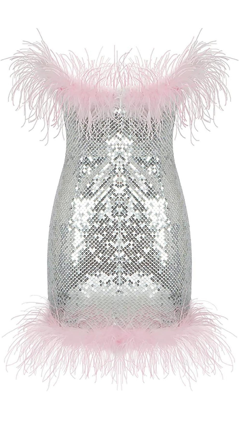 MINI ABITO CON PIUME E PAILLETTES ARGENTO CON CINTURINI