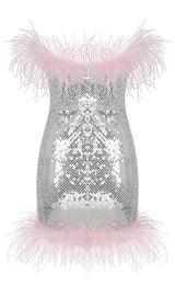 STRAP SILVER SEQUIN FEATHER MINI DRESS