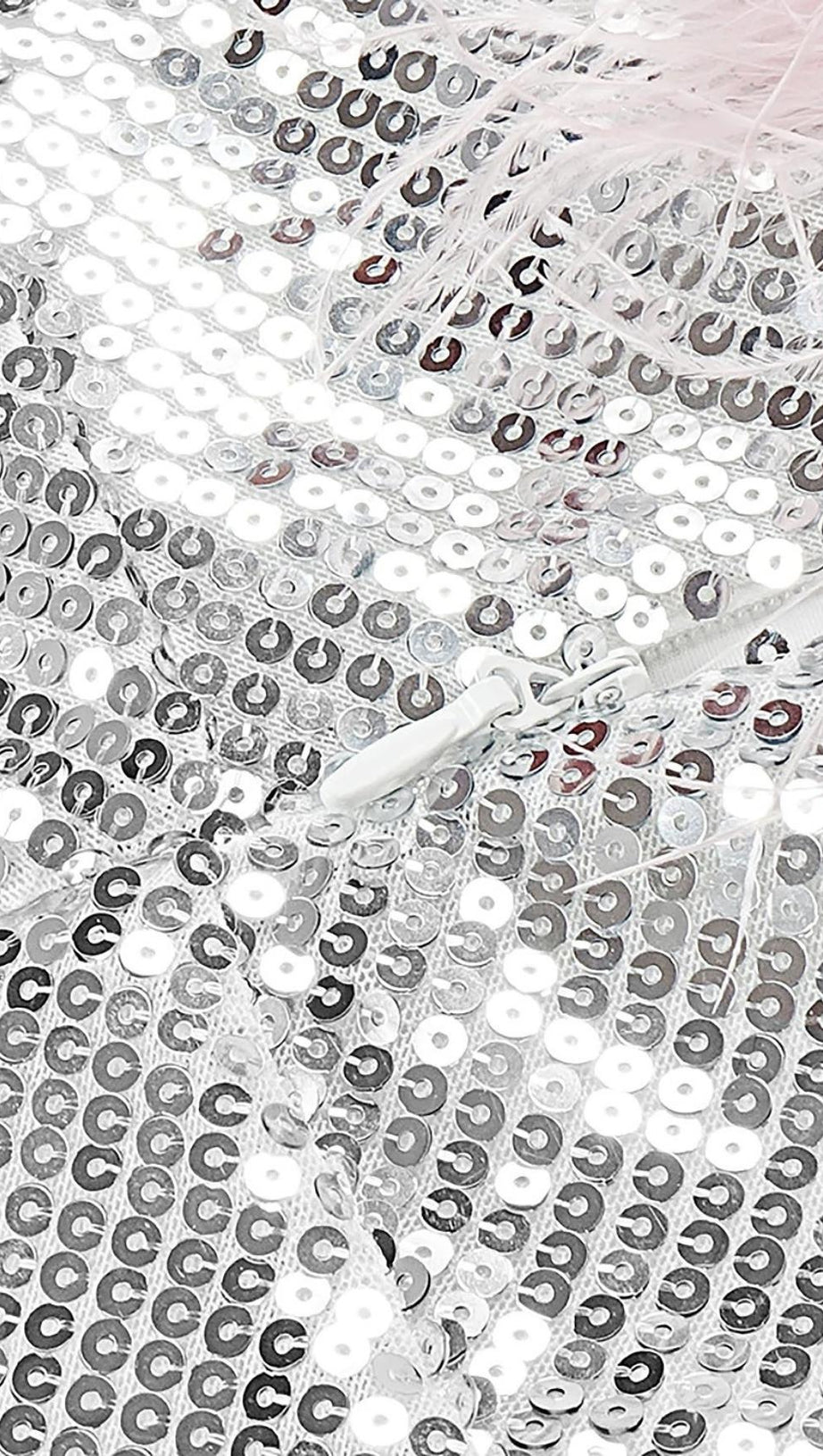 MINI ABITO CON PIUME E PAILLETTES ARGENTO CON CINTURINI