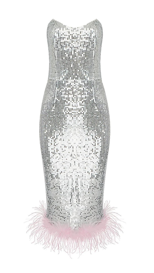 AIIZIE STRAPLESS SEQUIN FEATHER MIDI DRESS IN SILVER - product image