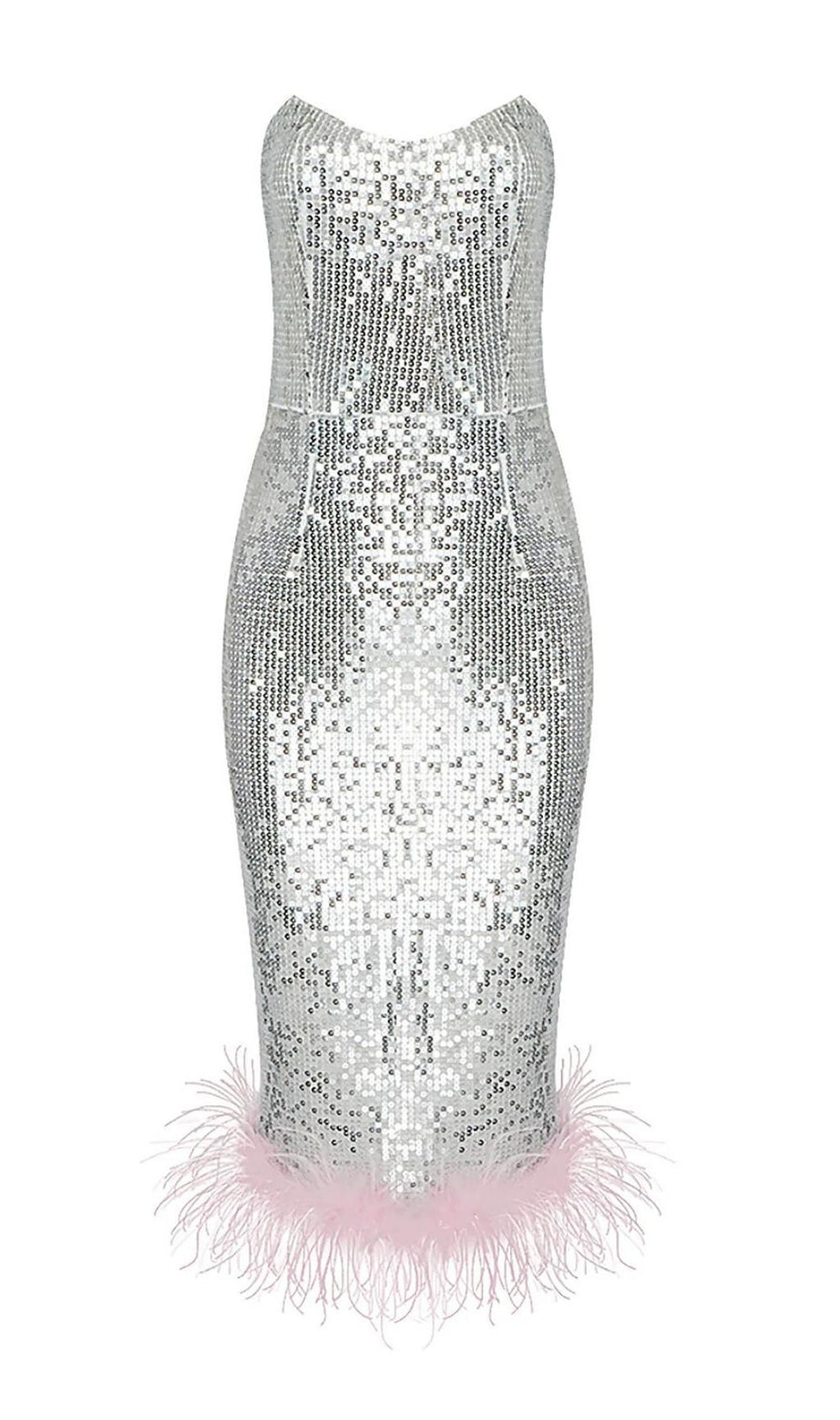 ABITO MIDI SENZA SPALLINE CON PIUME E PAILLETTES IN ARGENTO