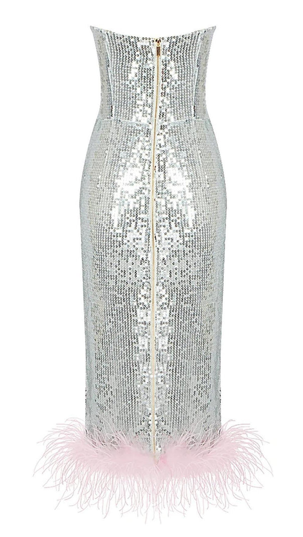 AIIZIE STRAPLESS SEQUIN FEATHER MIDI DRESS IN SILVER - product image