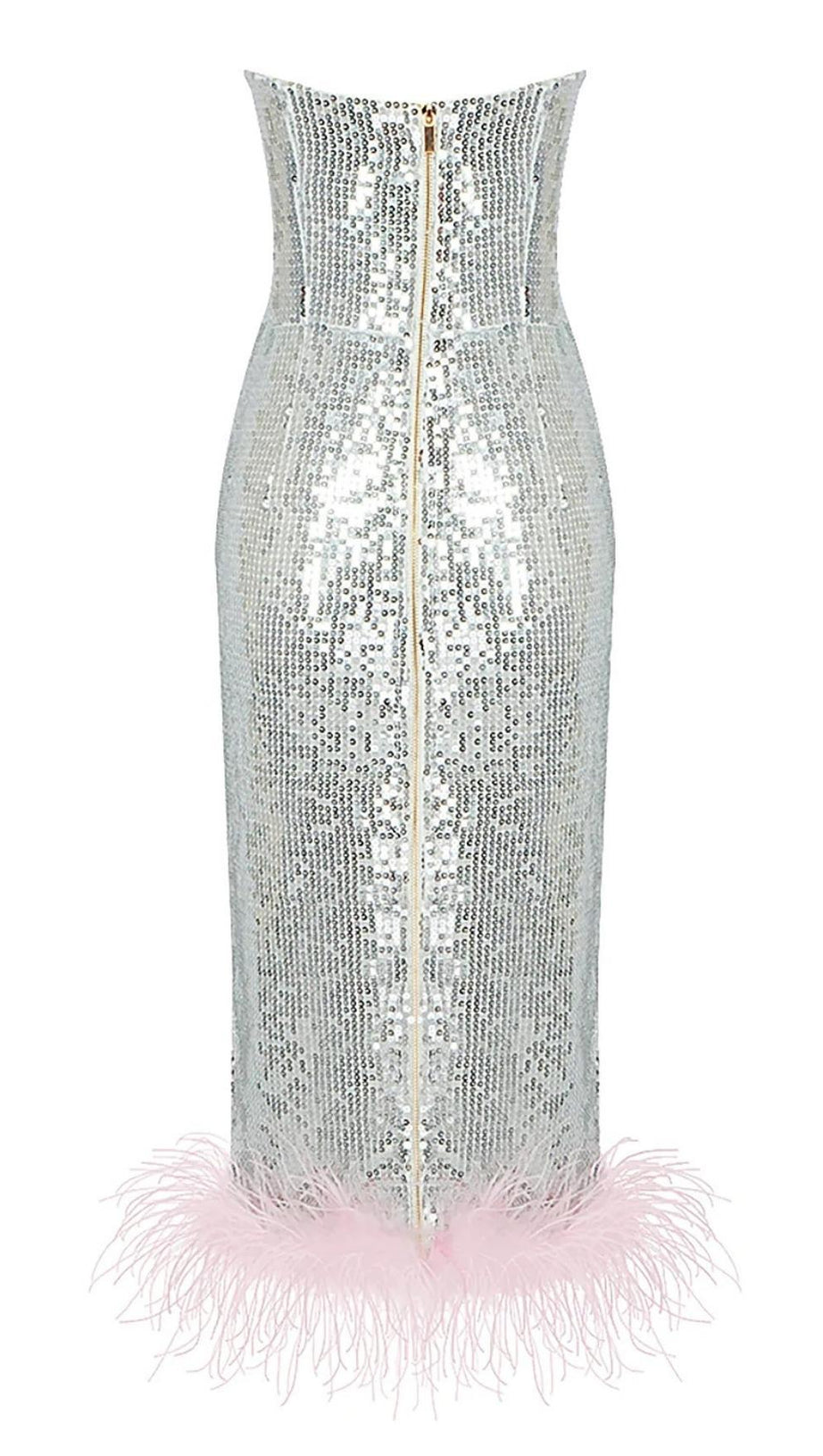 ABITO MIDI SENZA SPALLINE CON PIUME E PAILLETTES IN ARGENTO