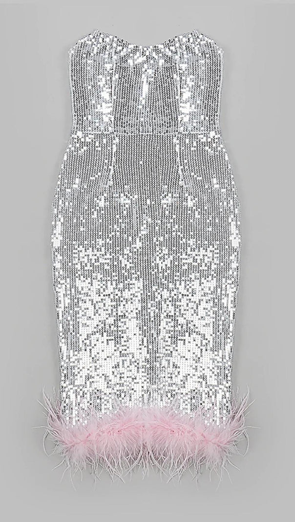 AIIZIE STRAPLESS SEQUIN FEATHER MIDI DRESS IN SILVER - product image