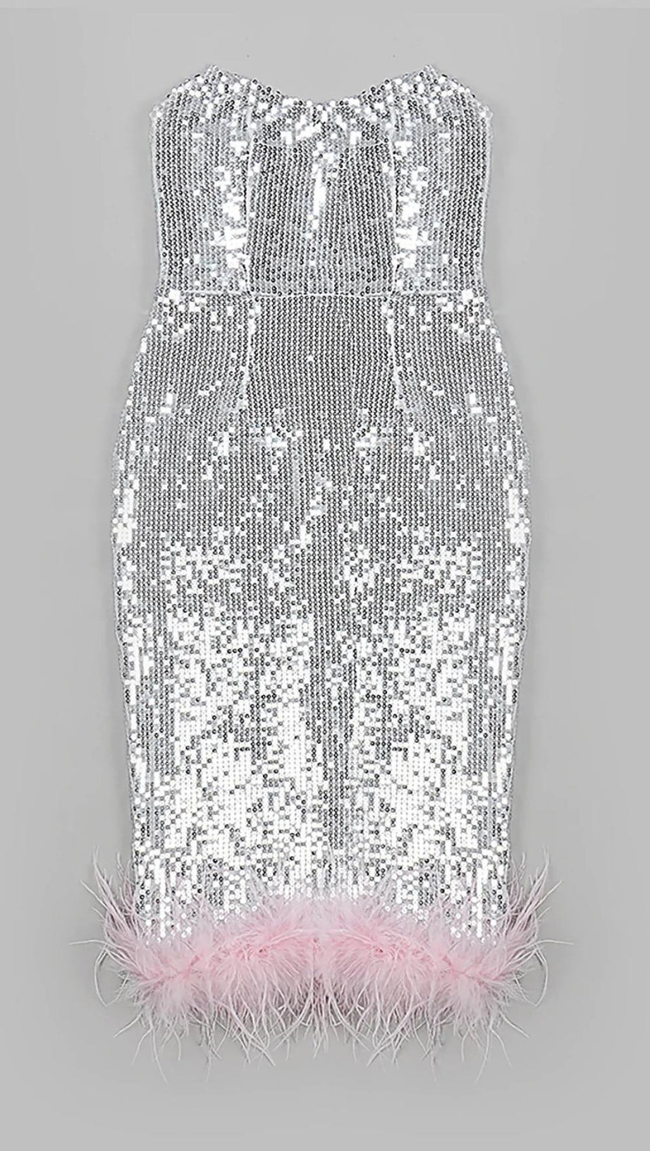 ABITO MIDI SENZA SPALLINE CON PIUME E PAILLETTES IN ARGENTO