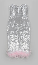 STRAPLESS SEQUIN FEATHER MIDI DRESS IN SILVER