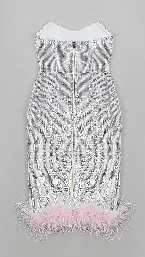AIIZIE STRAPLESS SEQUIN FEATHER MIDI DRESS IN SILVER - product image