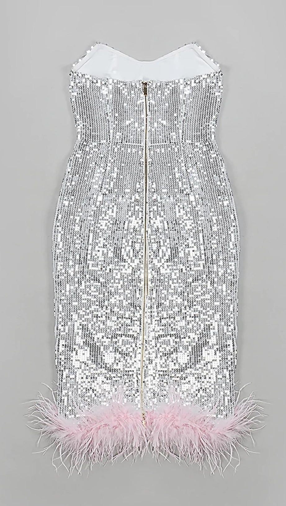 ABITO MIDI SENZA SPALLINE CON PIUME E PAILLETTES IN ARGENTO