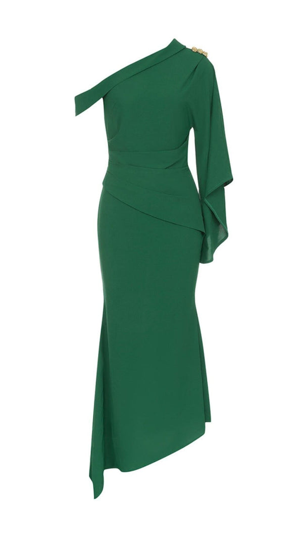 AIIZIE GREEN ONE-SHOULDER FLARED LONG-SLEEVE RUFFLE DRESS - product image