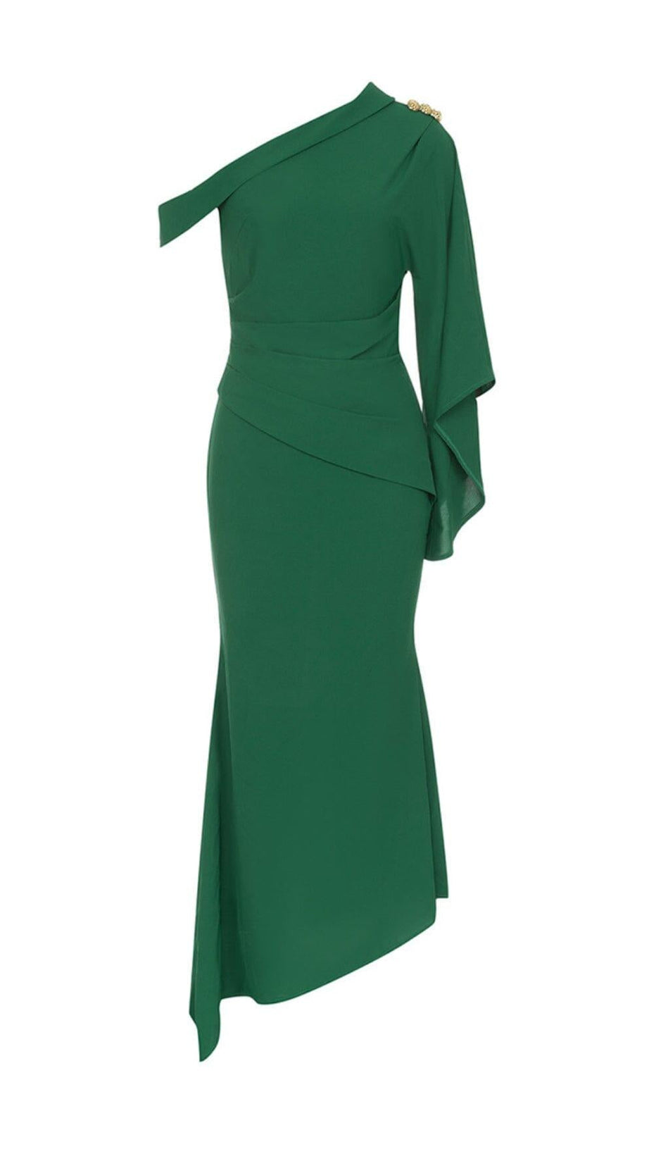 GREEN ONE-SHOULDER FLARED LONG-SLEEVE RUFFLE DRESS