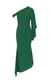 GREEN ONE-SHOULDER FLARED LONG-SLEEVE RUFFLE DRESS