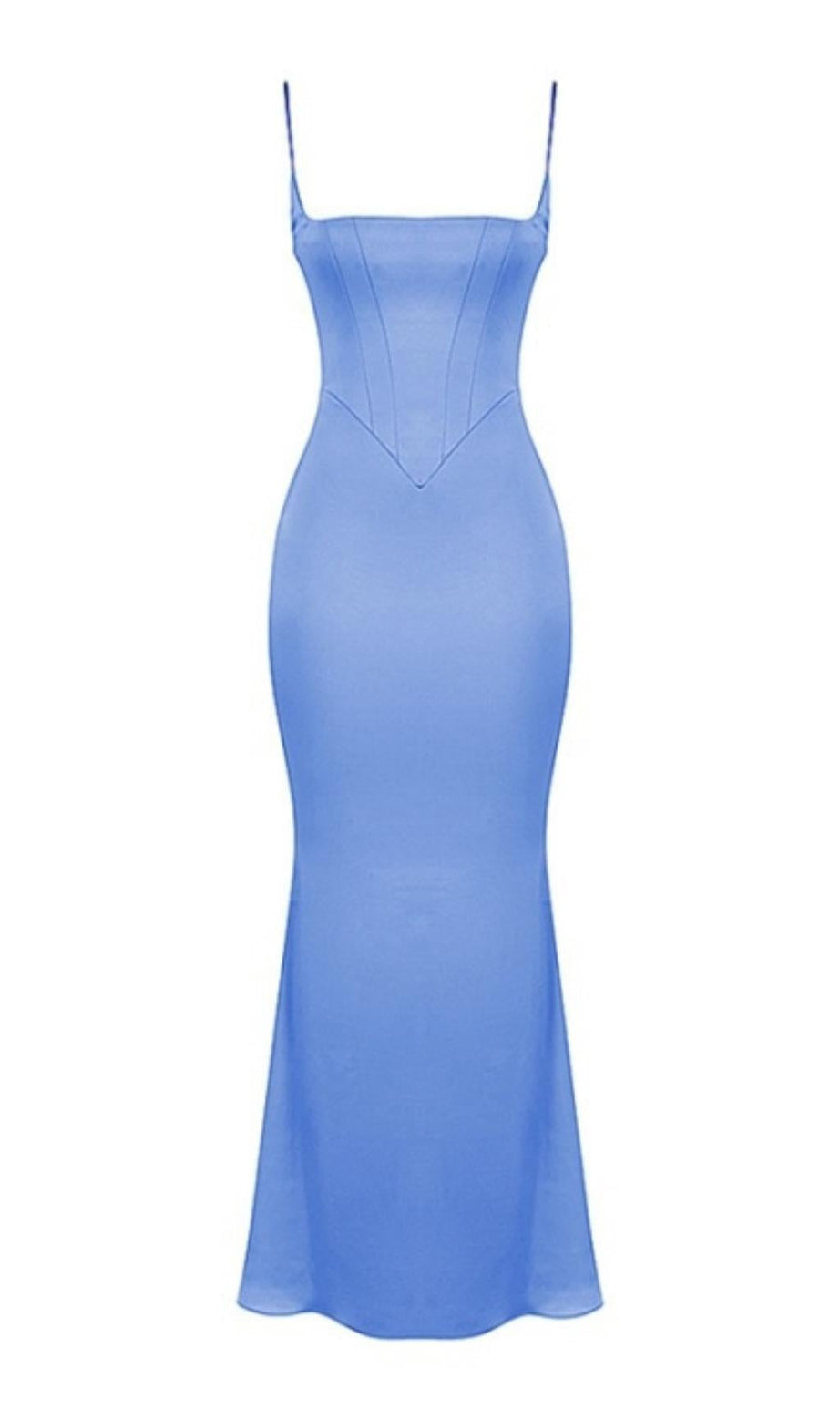 SATIN-MAXIKLEID MIT FISCHGRÄTENMUSTER IN BLAU
