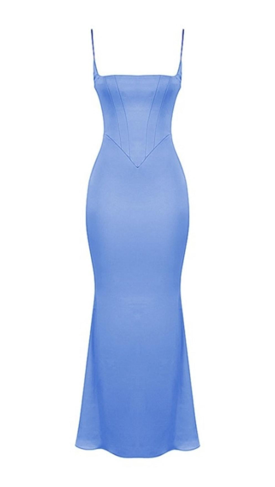 SATIN-MAXIKLEID MIT FISCHGRÄTENMUSTER IN BLAU