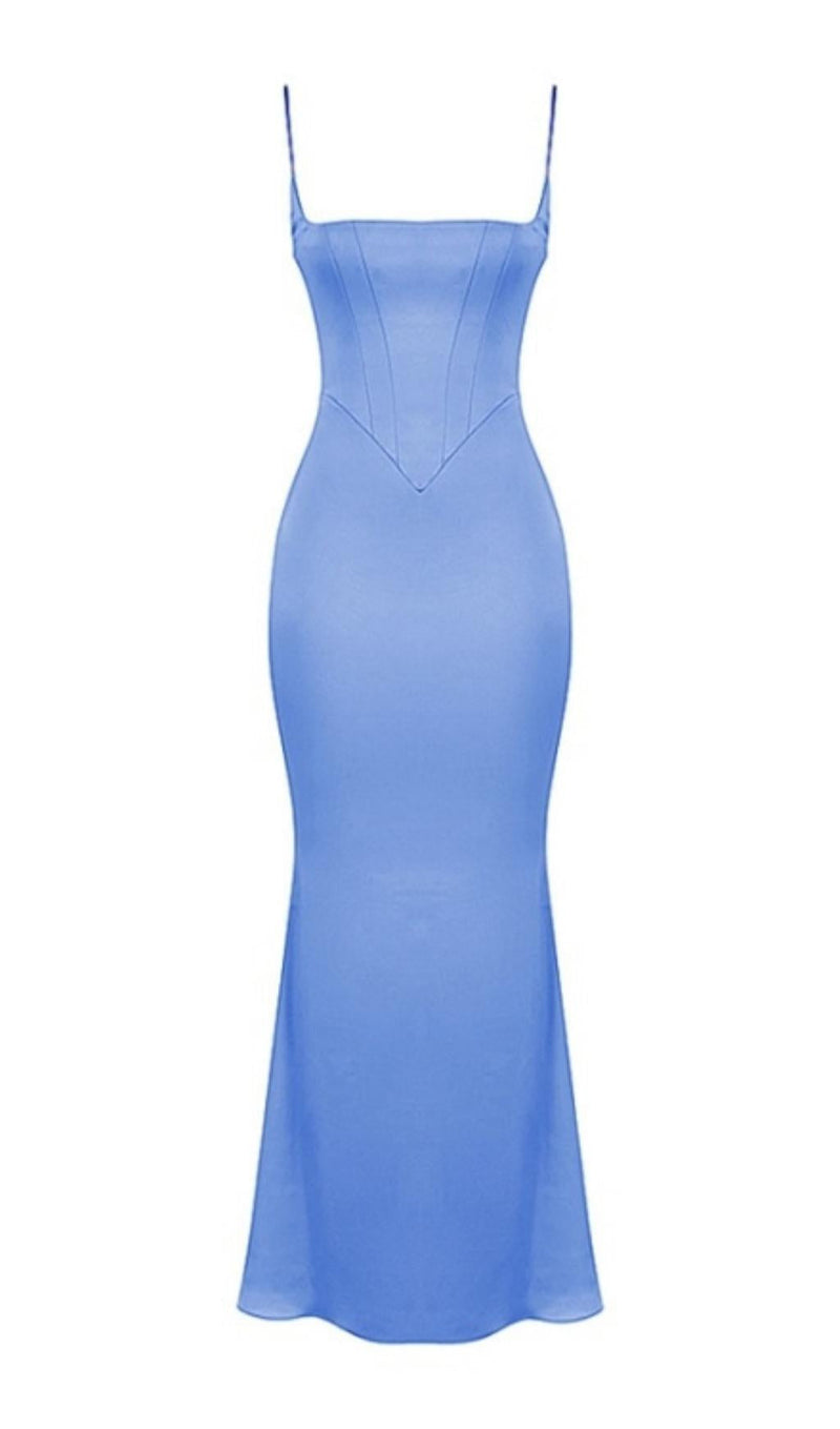 SATIN FISHBONE MAXI DRESS IN BLUE