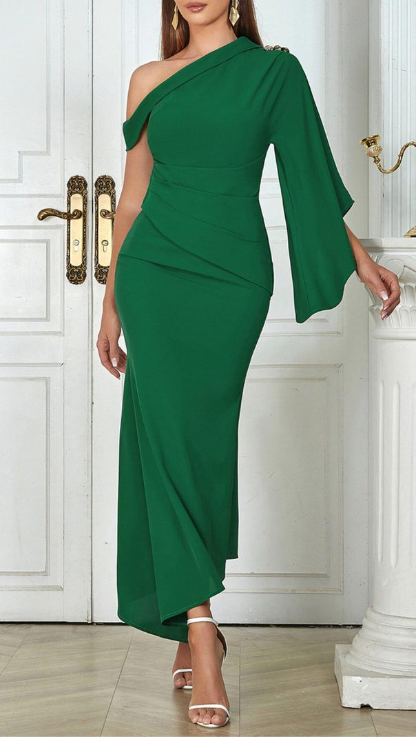 AIIZIE GREEN ONE-SHOULDER FLARED LONG-SLEEVE RUFFLE DRESS - product image