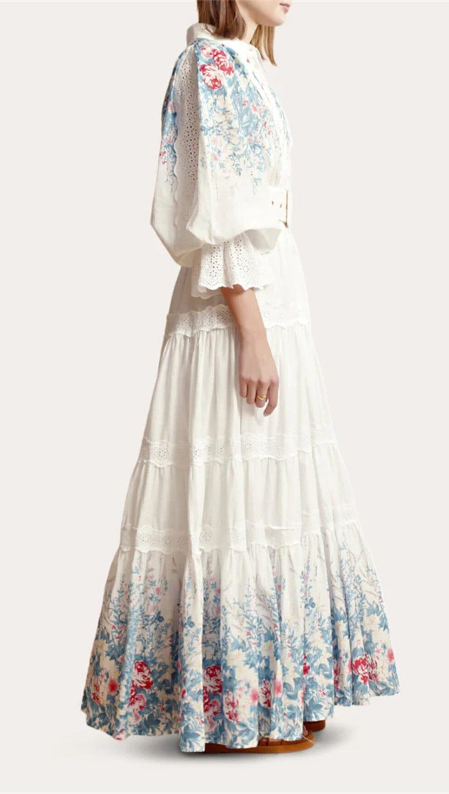 WHITE COTTON LAPEL GATHERED WAIST FLORAL PRINTED MAXI DRESS