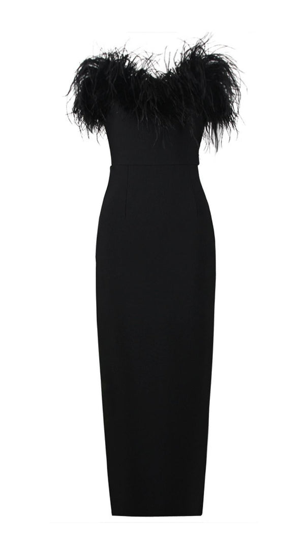 AIIZIE FEATHER BODYCON MAXI DRESS IN BLACK - product image