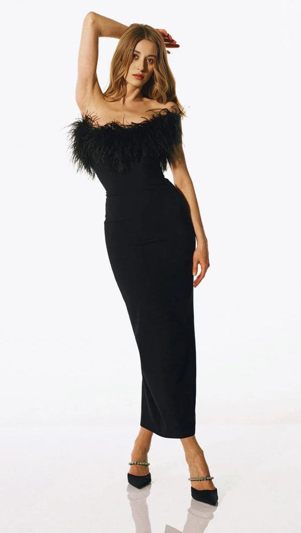 AIIZIE FEATHER BODYCON MAXI DRESS IN BLACK - product image