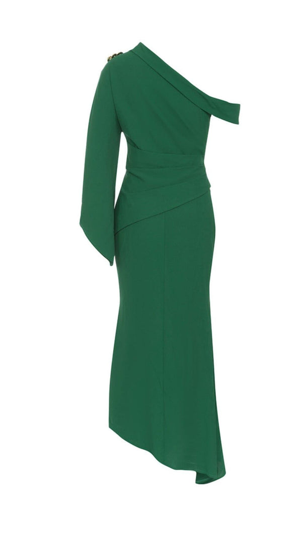 AIIZIE GREEN ONE-SHOULDER FLARED LONG-SLEEVE RUFFLE DRESS - product image