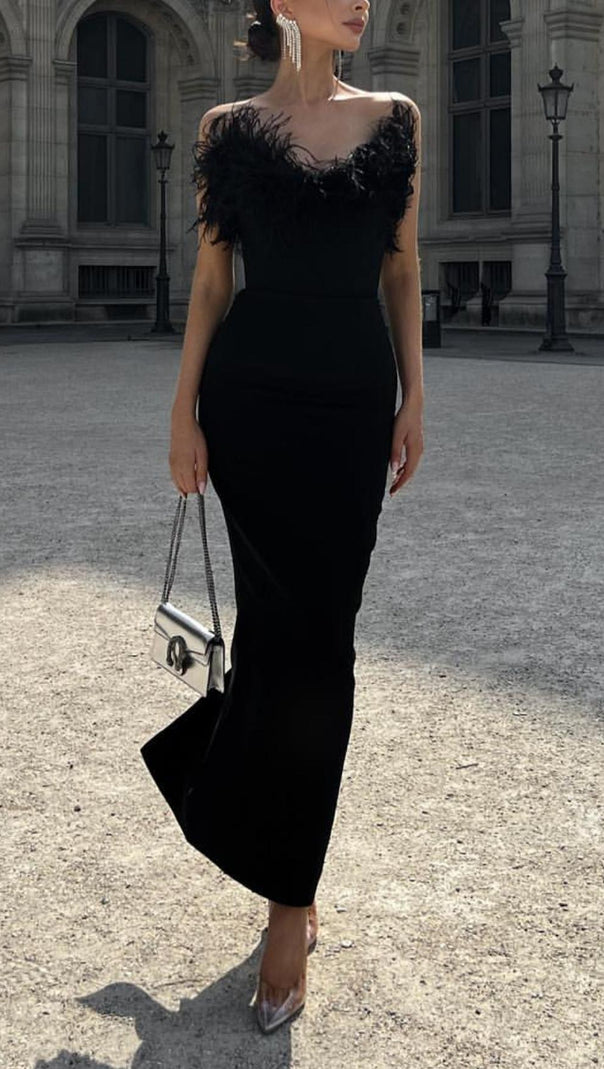 AIIZIE FEATHER BODYCON MAXI DRESS IN BLACK - product image