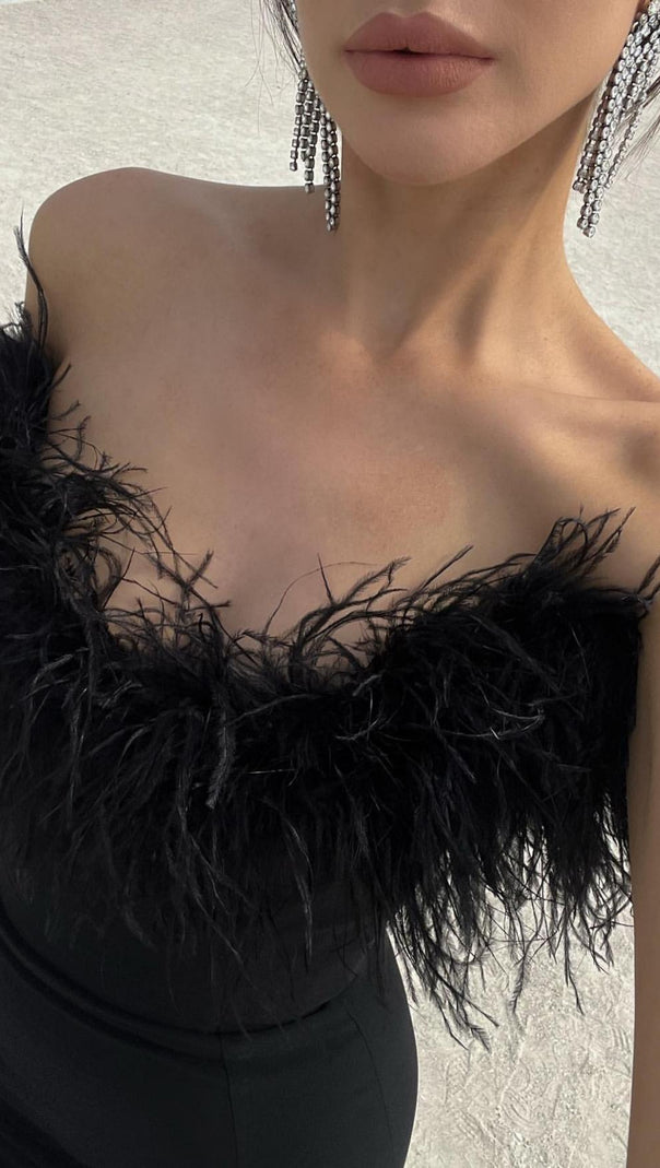 AIIZIE FEATHER BODYCON MAXI DRESS IN BLACK - product image