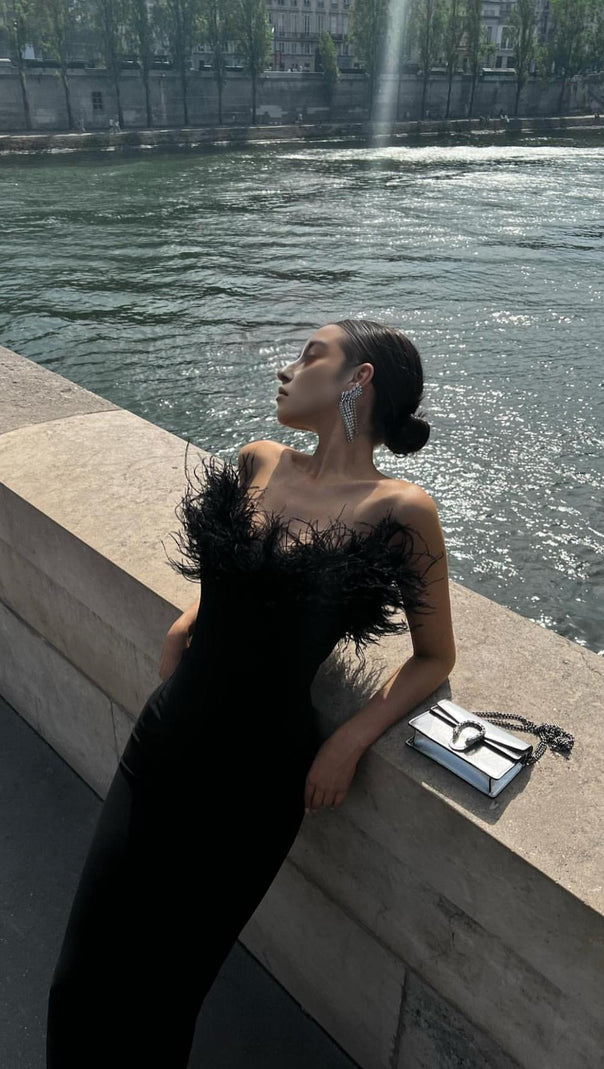 AIIZIE FEATHER BODYCON MAXI DRESS IN BLACK - product image