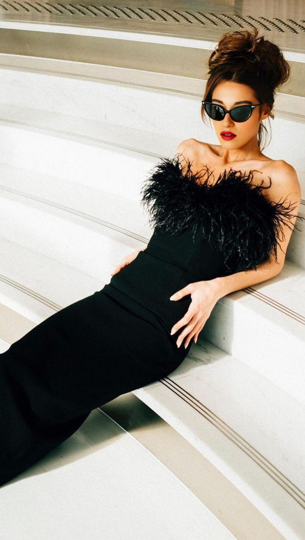 AIIZIE FEATHER BODYCON MAXI DRESS IN BLACK - product image