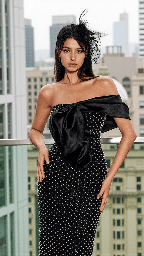 OZZY STRAPLESS BOW PEARL EMBELLISHED MAXI DRESS IN BLACK