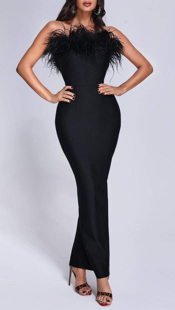AIIZIE FEATHER BODYCON MAXI DRESS IN BLACK - product image