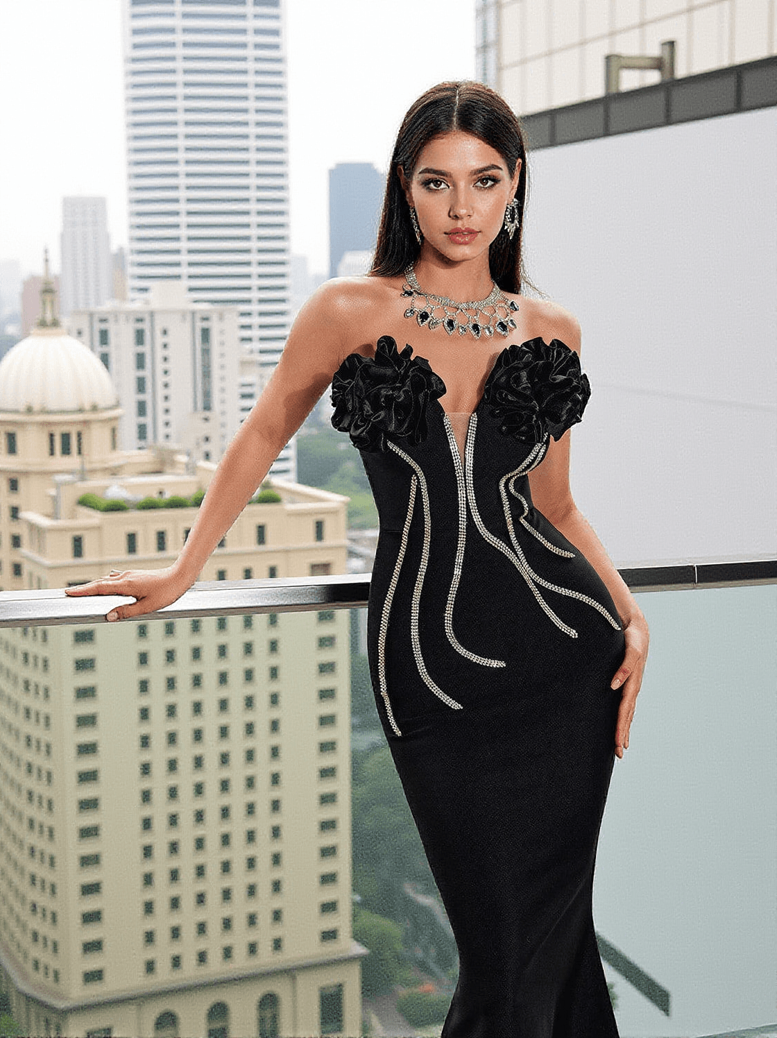 MUSA STRAPLESS CRYSTAL FLOWER BANDAGE DRESS IN BLACK