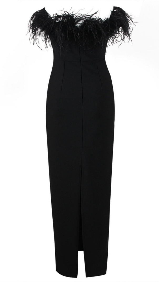 AIIZIE FEATHER BODYCON MAXI DRESS IN BLACK - product image