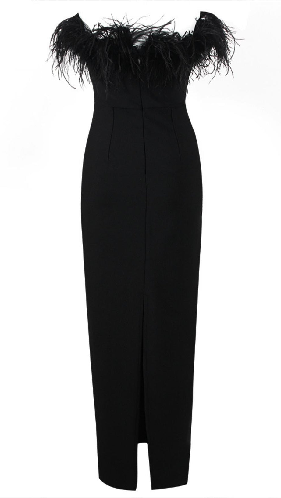 FEATHER BODYCON MAXI DRESS IN BLACK