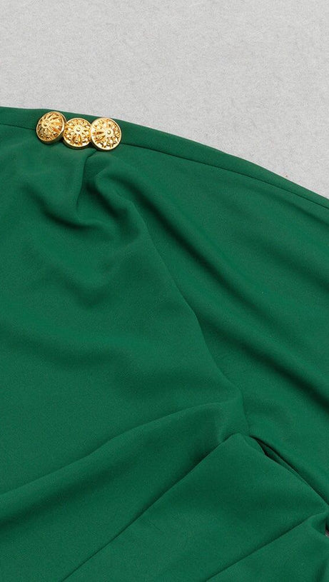 GREEN ONE-SHOULDER FLARED LONG-SLEEVE RUFFLE DRESS