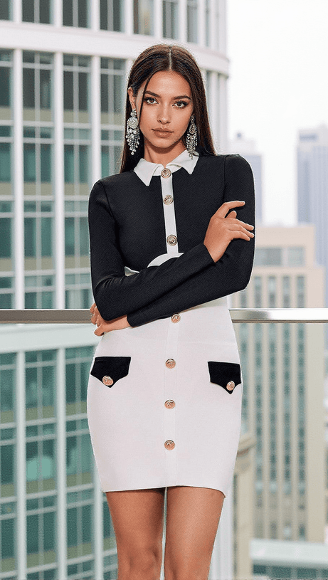 ZSIGA FOLDED COLLAR BUTTON BANDAGE MINI DRESS