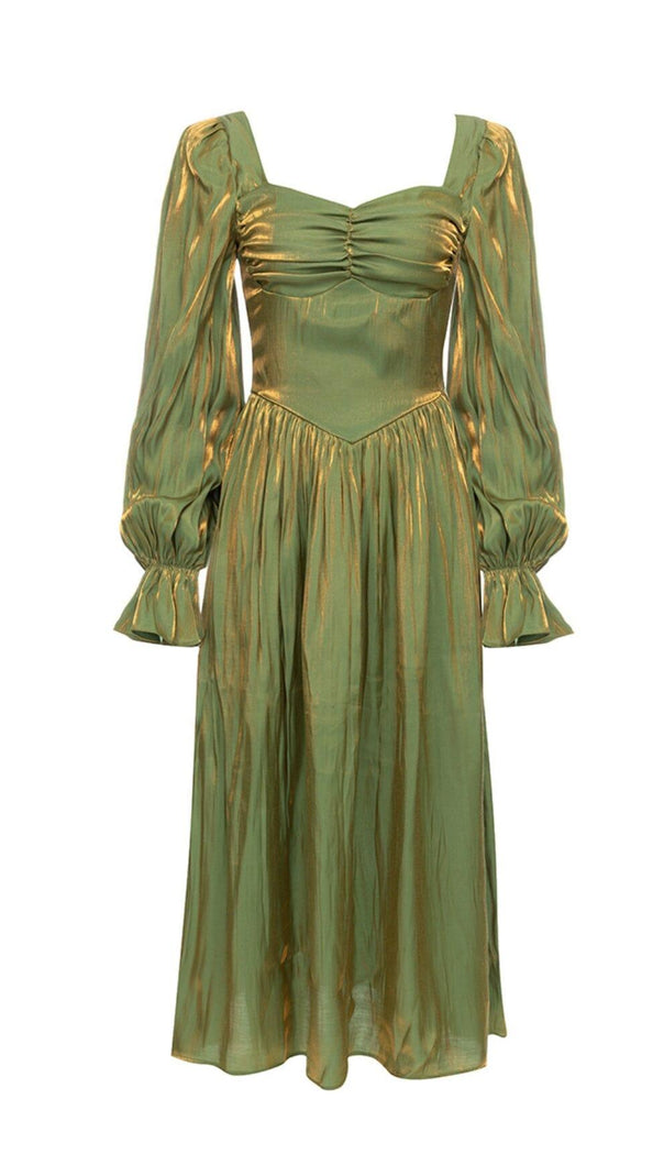 AIIZIE GREEN LOW-CUT PUFF SLEEVE PLEATED LOOSE DRESS - product image
