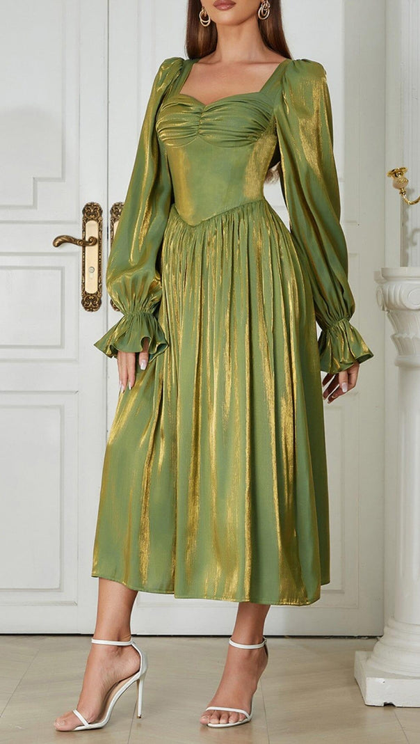 AIIZIE GREEN LOW-CUT PUFF SLEEVE PLEATED LOOSE DRESS - product image