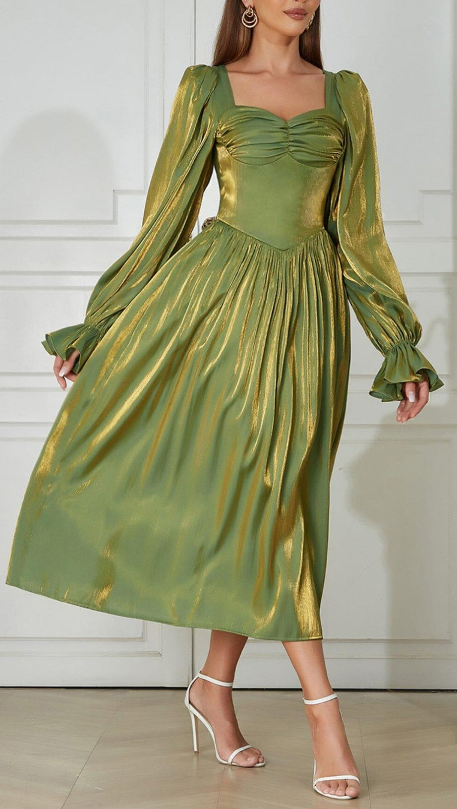 GREEN LOW-CUT PUFF SLEEVE PLEATED LOOSE DRESS