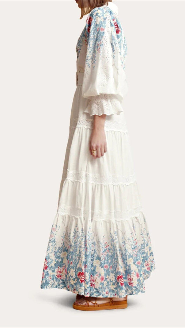 AIIZIE WHITE COTTON LAPEL GATHERED WAIST FLORAL PRINTED MAXI DRESS - product image