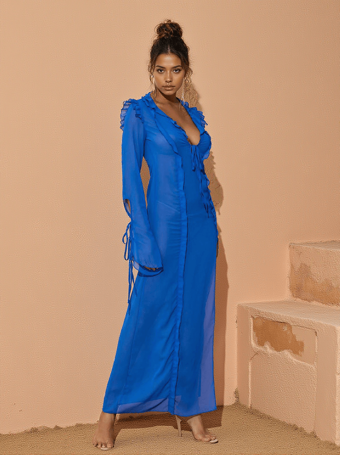 ABITO LUNGO ASUKA CON MANICHE LUNGHE E SPACCHI IN RETE