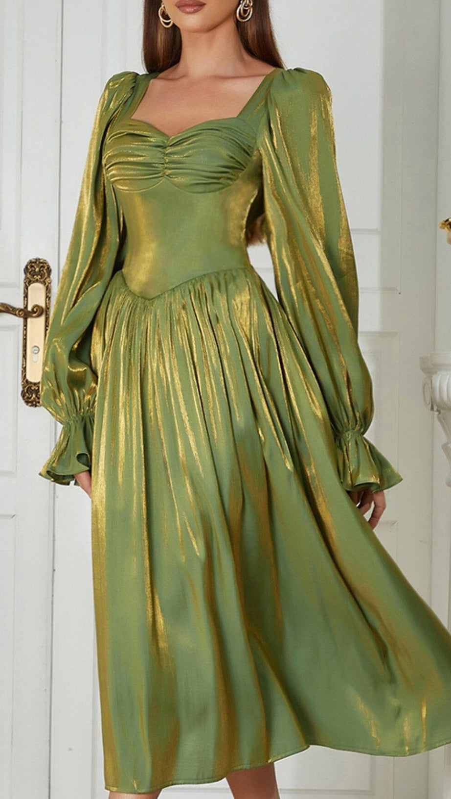 GREEN LOW-CUT PUFF SLEEVE PLEATED LOOSE DRESS