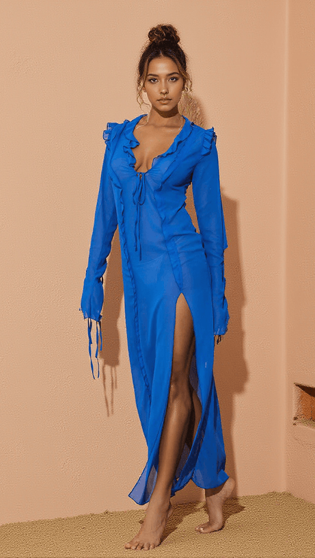 ABITO LUNGO ASUKA CON MANICHE LUNGHE E SPACCHI IN RETE