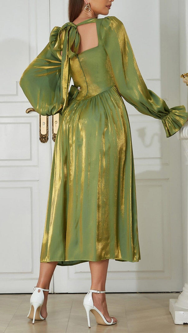 AIIZIE GREEN LOW-CUT PUFF SLEEVE PLEATED LOOSE DRESS - product image