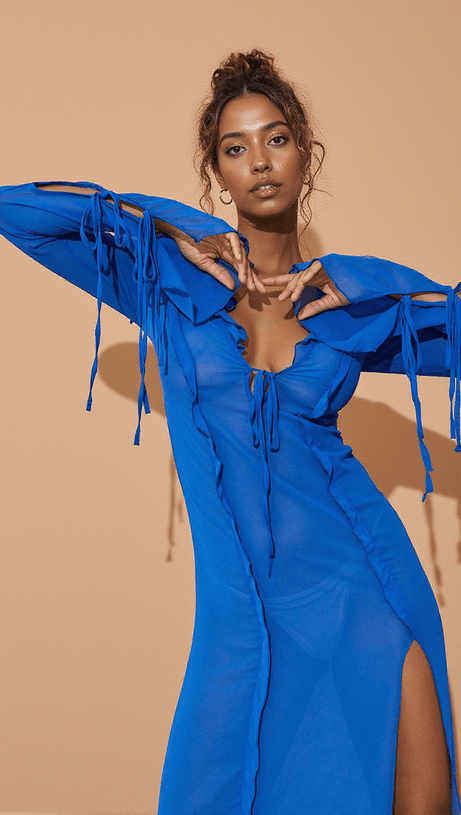 ABITO LUNGO ASUKA CON MANICHE LUNGHE E SPACCHI IN RETE