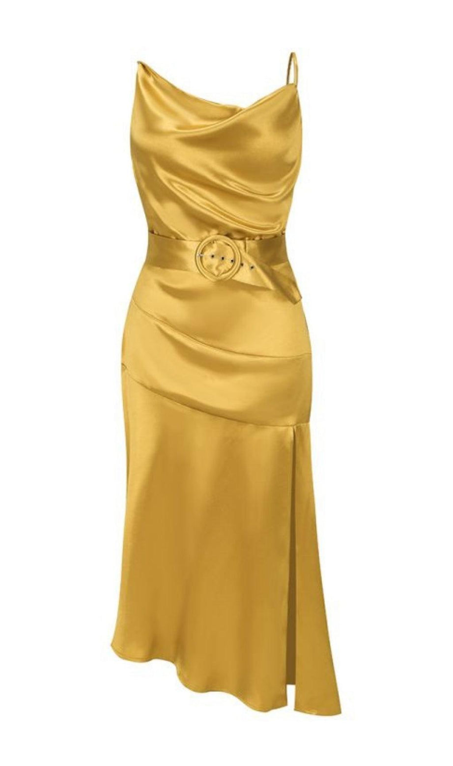 ABITO MIDI CON BENDAGGIO E RUCHES IN ORO