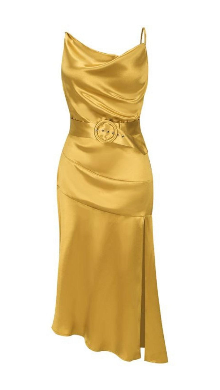 BANDAGE RUCHED MIDI DRESS IN GOLD